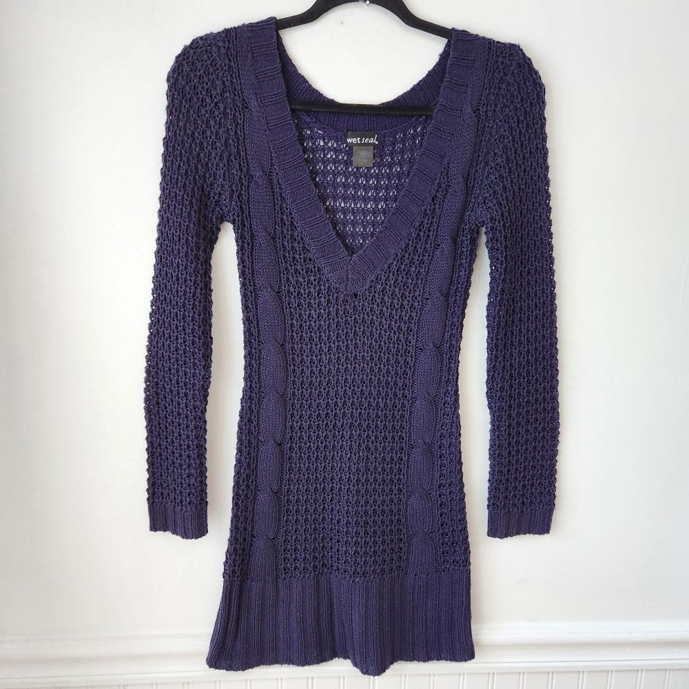 Wet Seal Purple Open-Knit V-Neck Sweater Dress
